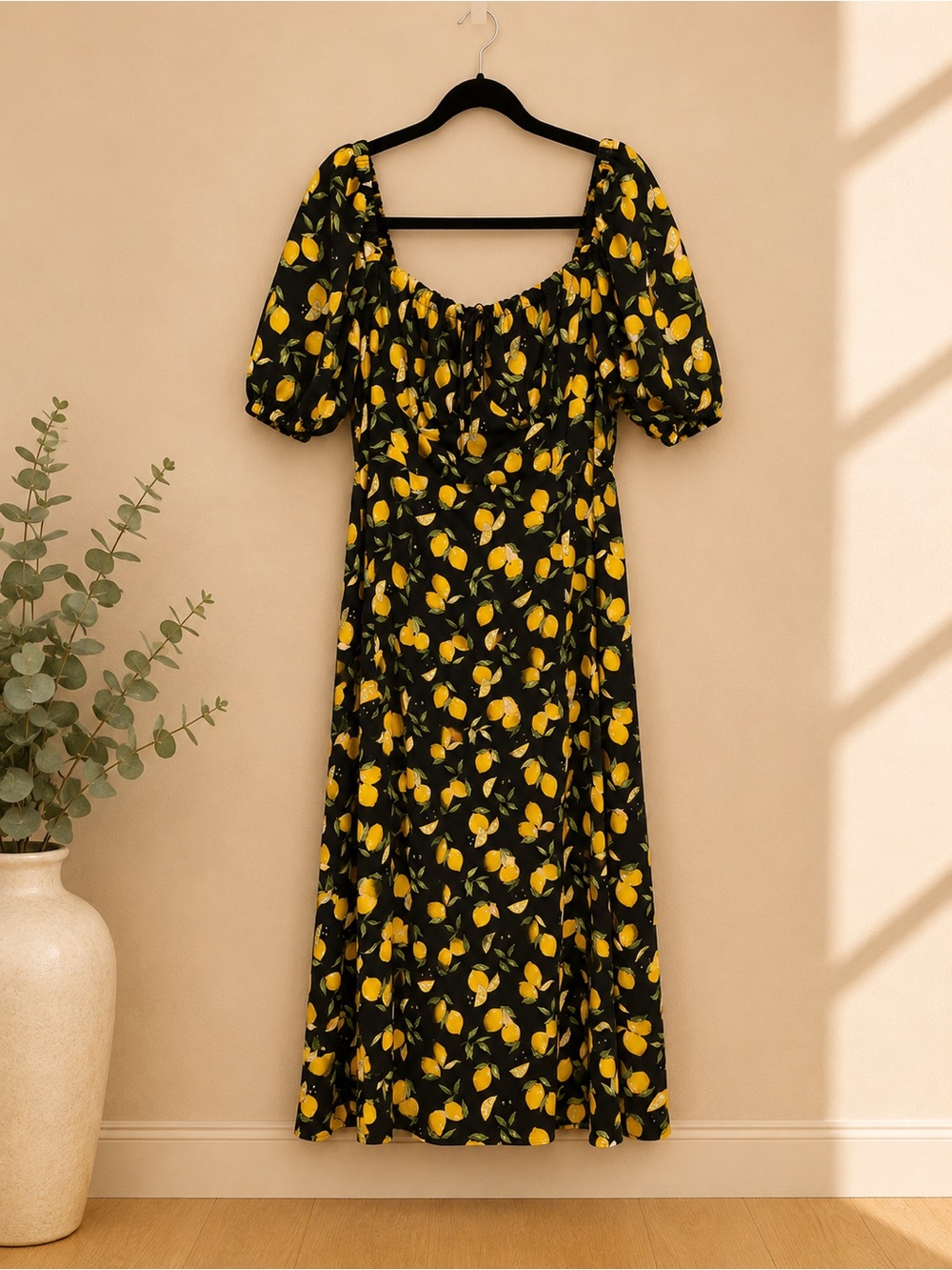 Black Lemon Print Puff Sleeve Midi Dress